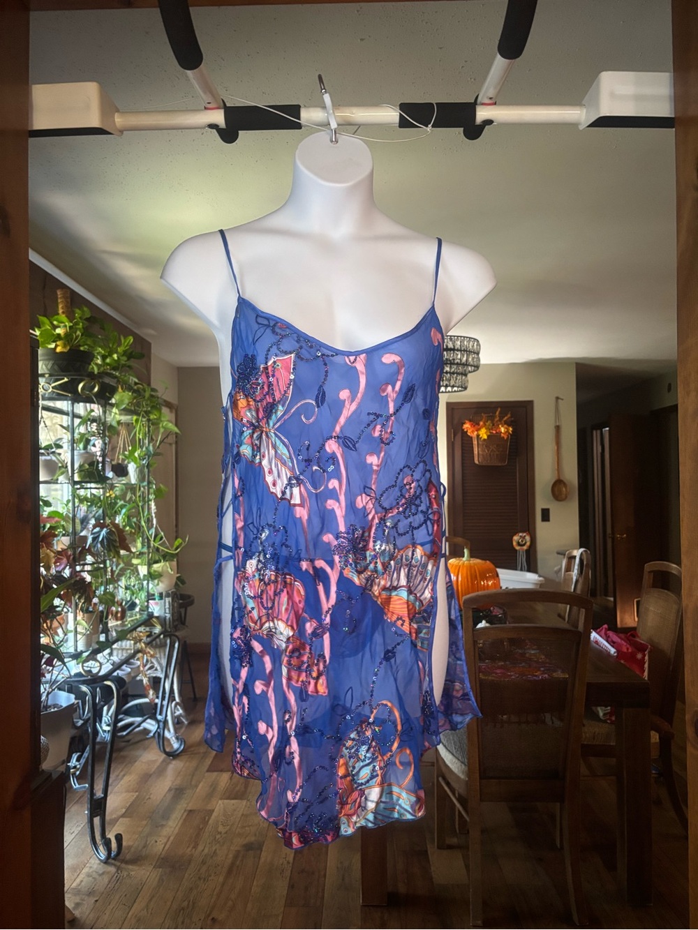 Vintage Shirley of Hollywood Blue Silk Butterfly-Print Slip Dress Matching Thong